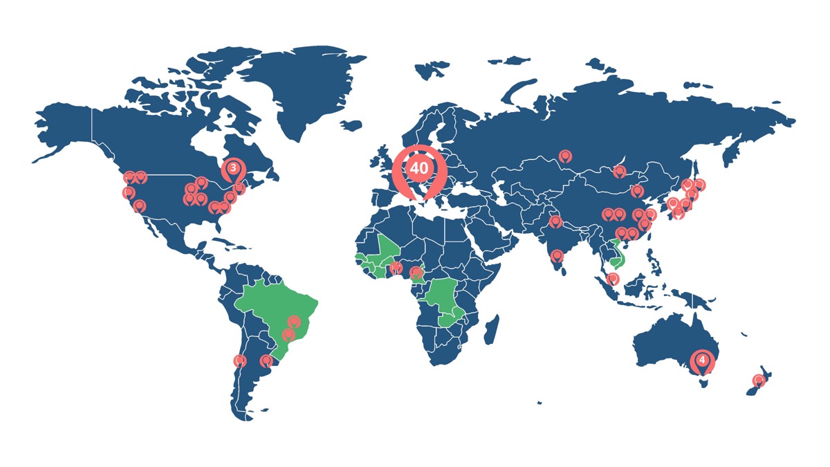 World map showing the sites of Inserm's international partnerships: 40 in Europe, 19 in Asia, 15 in North America, 5 in Oceania, 4 in South America and 2 in Africa, and the ANRS MIE partner countries (Brazil, Senegal, Guinea, Côte d'Ivoire, Mali, Burkina Faso, Cameroon, Democratic Republic of Congo, Zambia, Cambodia and Vietnam).